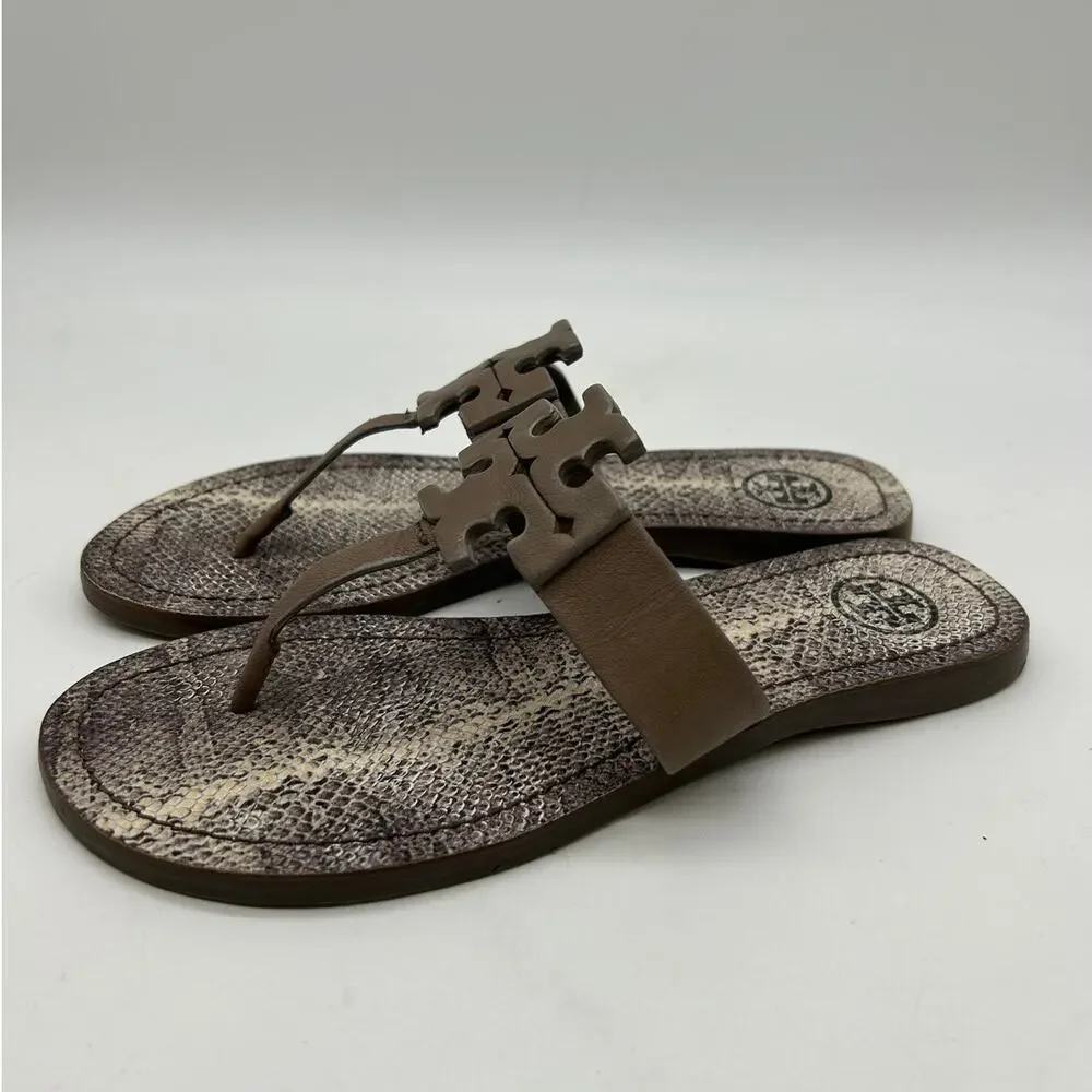 Tory Burch Miller Embossed Leather Snake Print Thong Sandal Logo Size 6 Designer